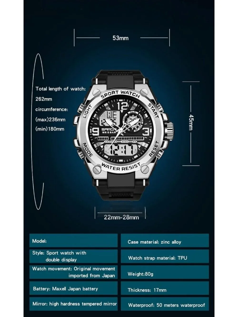 Men's Black And Silver Analog Quartz Sport Waterproof Military LED Digital Watch